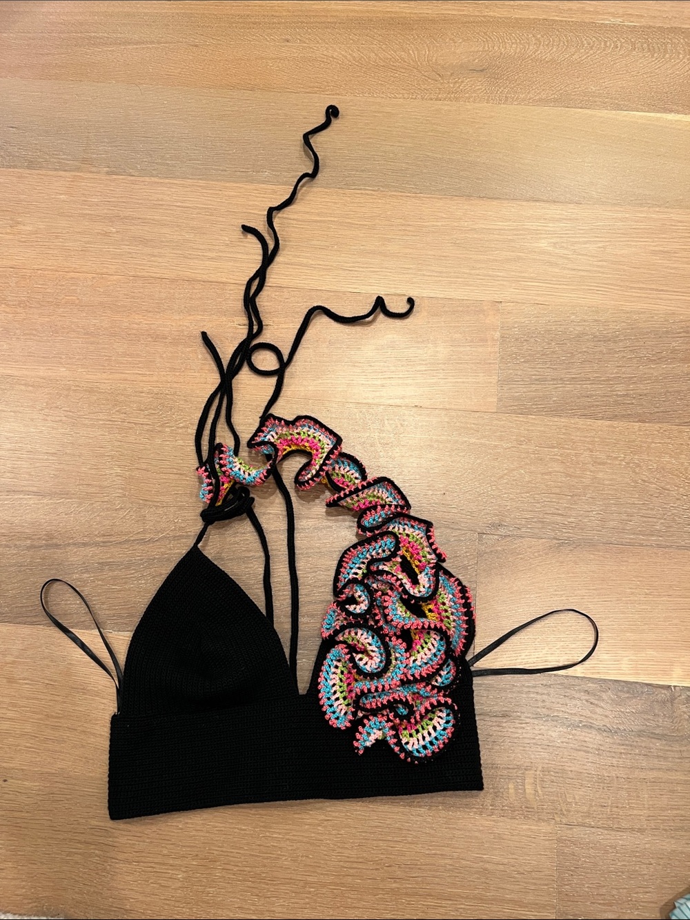 Black Crochet Bralette with Color-Trim Straps